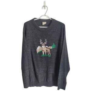 Gray Charcoal Knit Sweater with Deer Embroidery Grandpa Sweater